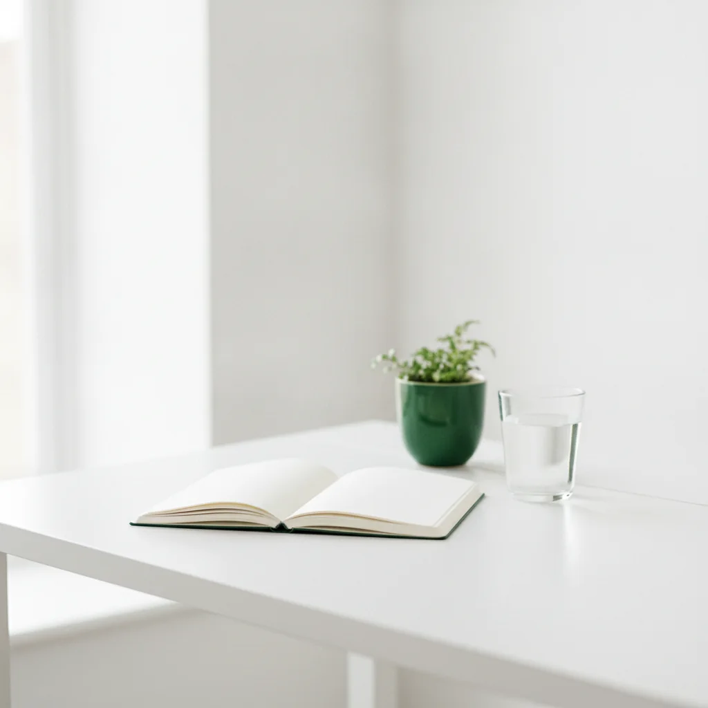 Et roligt kontorrum med en notesblok, en plante og et glas vand på et lyst skrivebord